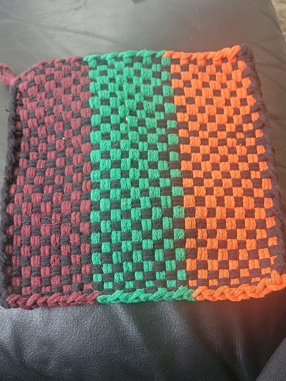 Handwoven Checkerboard  Potholder - Green, Orange, Burgundy..100 % Cotton